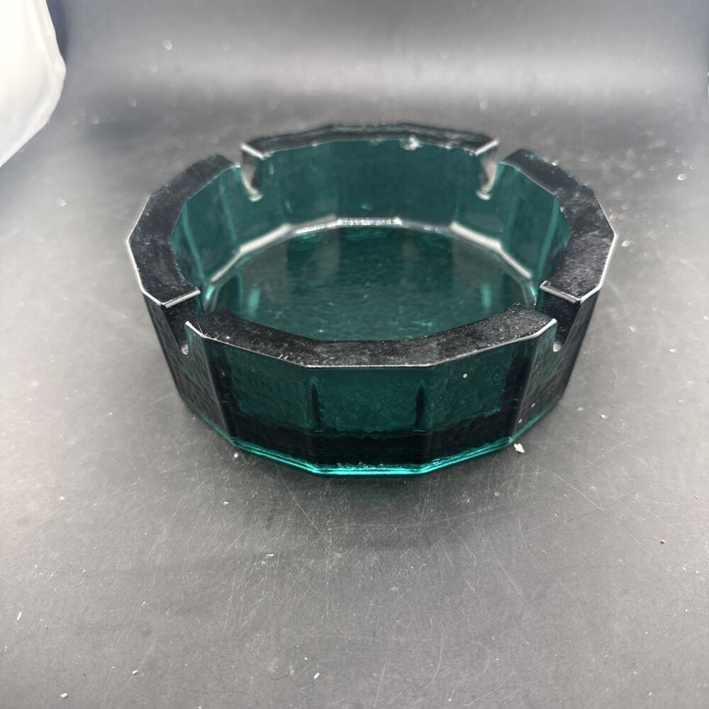 Vintage Green Glass Ashtray Mid Century Modern Faceted Heavy Retro Decor